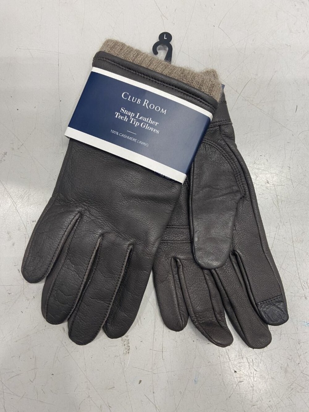 Club Room Mens Brown Leather Tech Tip Gloves L Adjustable Wrist Cashmere Lining